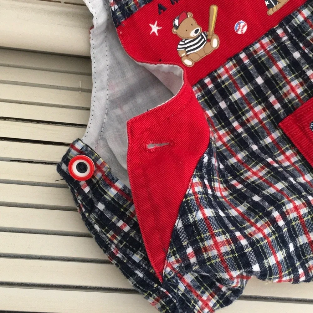 American Baby Classic Red/Blue Plaid Overalls Baseball Theme Size 6-9 Months